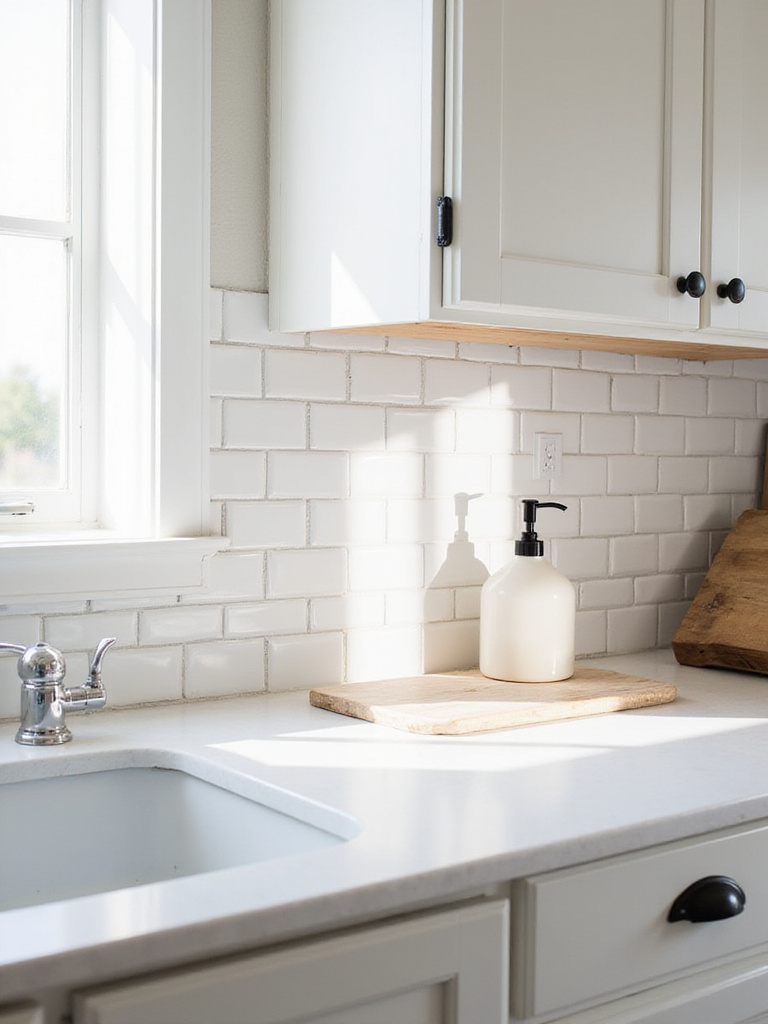 Farmhouse kitchen with white subway tile peel and stick backsplash.