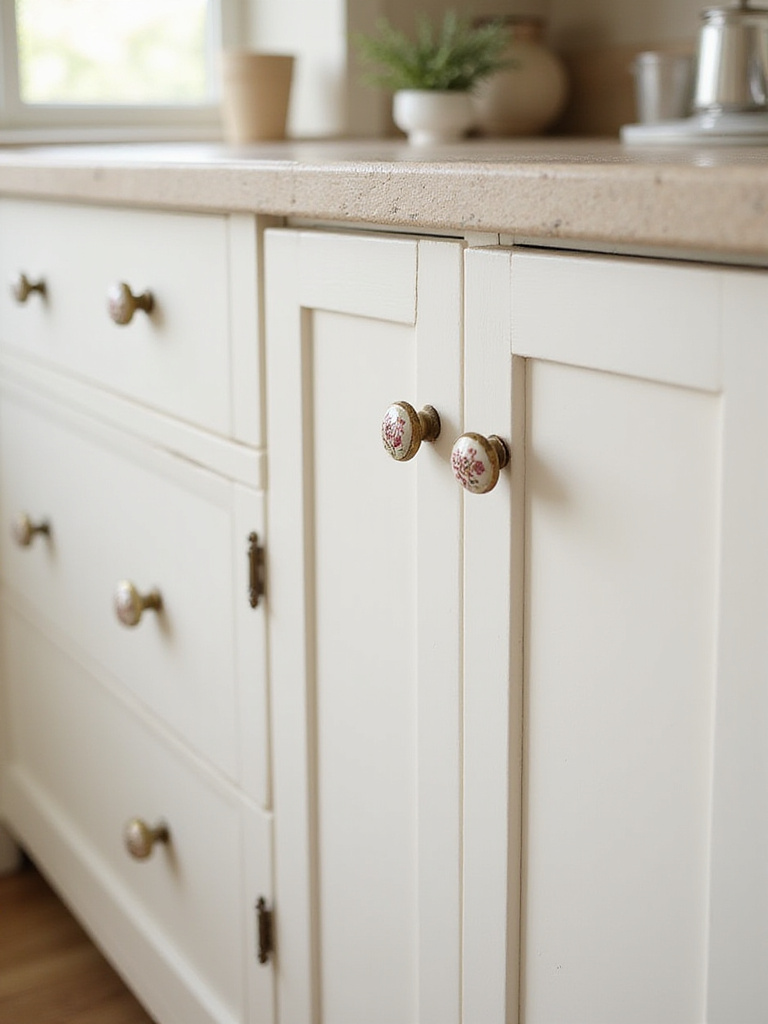 White cottage kitchen cabinets with vintage ceramic knobs and brass cup pulls, adding unique charm.
