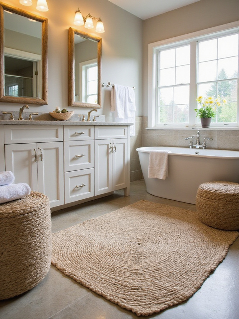 Cozy farmhouse bathroom with a soft jute or cotton washable rug