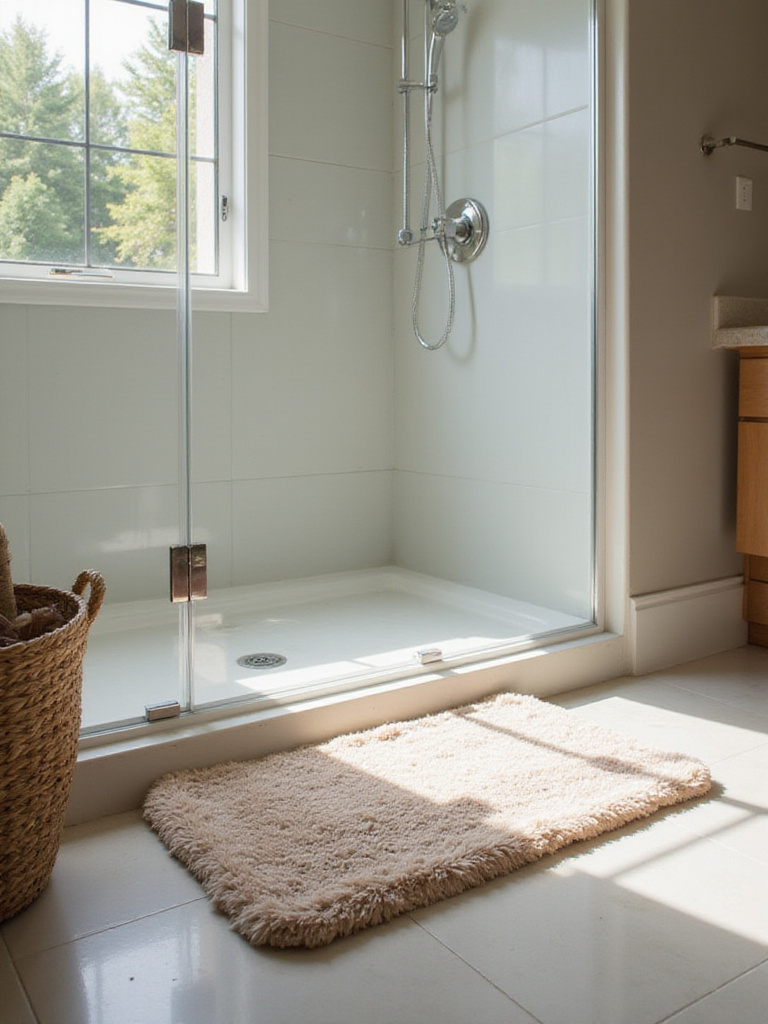 Luxurious guest bathroom with a plush bath mat in front of the shower