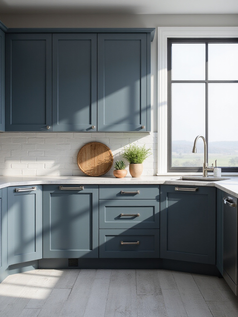 Modern kitchen with deep grey-blue cabinets, natural light enhancing depth, light countertop, and brushed nickel hardware.