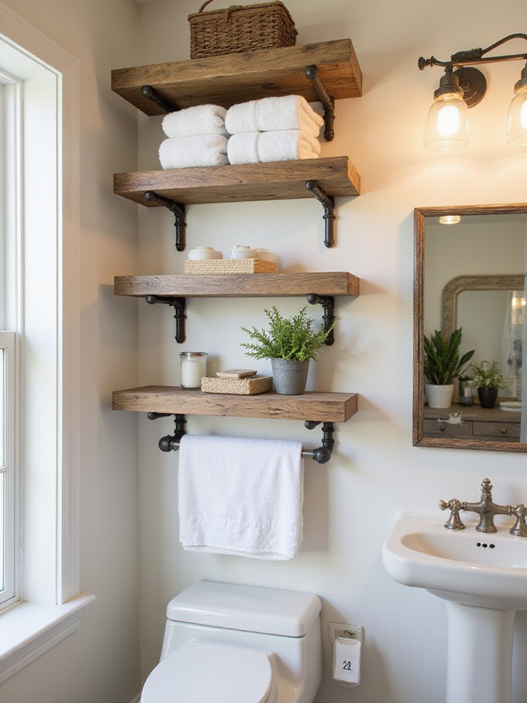 Farmhouse bathroom featuring open shelving with reclaimed wood and pipe brackets