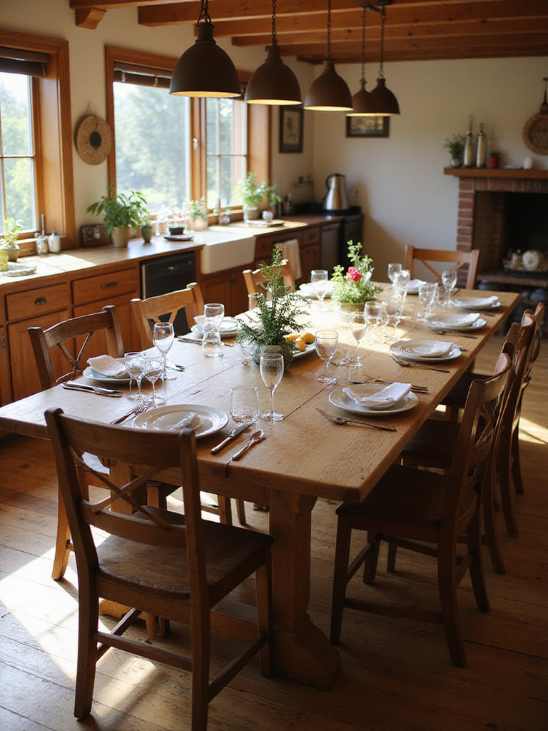 Expanded farmhouse kitchen table with leaves inserted, set for a large meal with extra place settings and chairs.