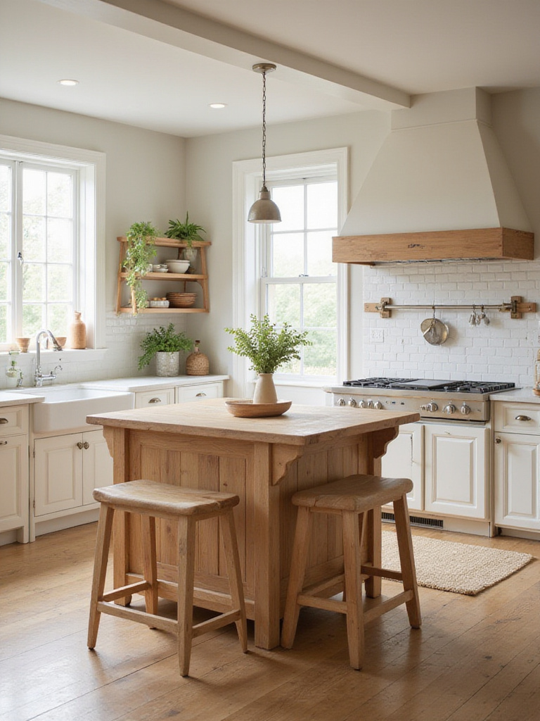 Charming cottage kitchen with natural light, featuring a warm wood butcher block island for prep and gathering.