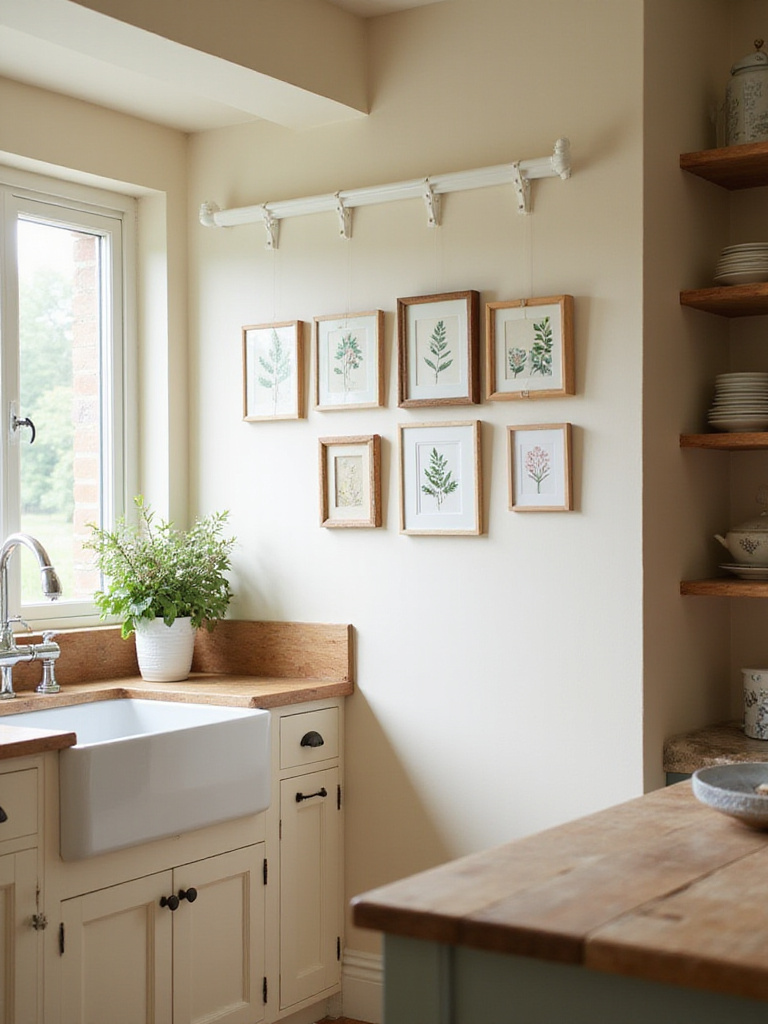 Cottage kitchen with picture rail displaying framed botanical art, showing classic charm and wall preservation.