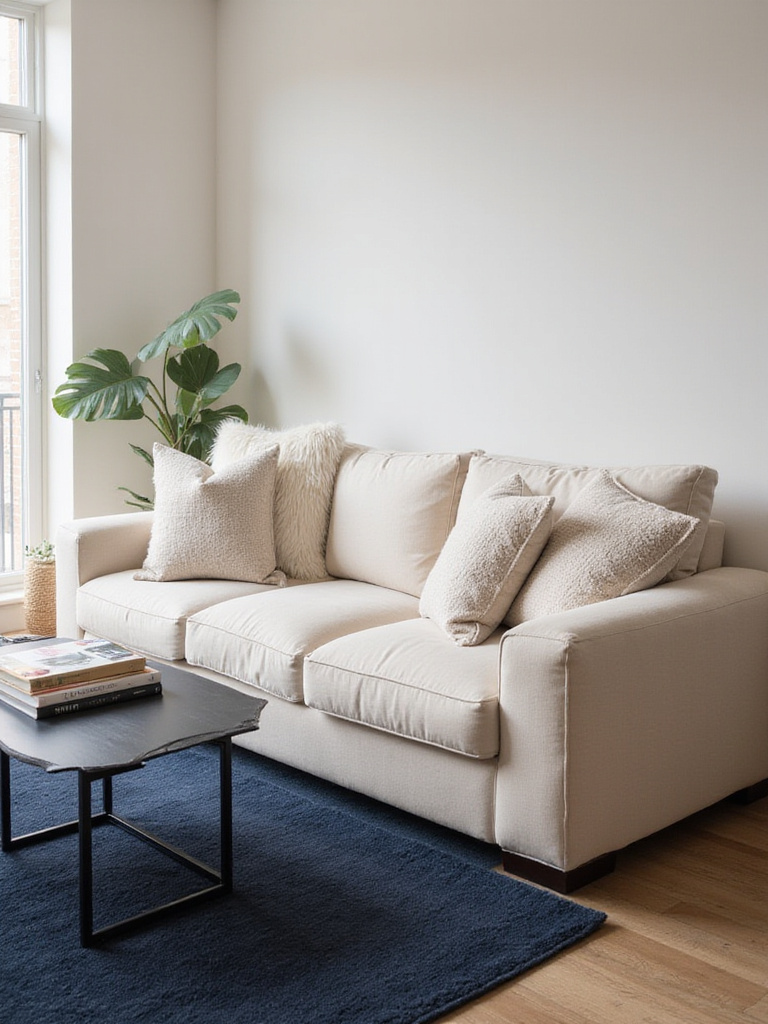 Cream living room with sectional sofa, navy rug, and black coffee table showcasing contrast and depth.