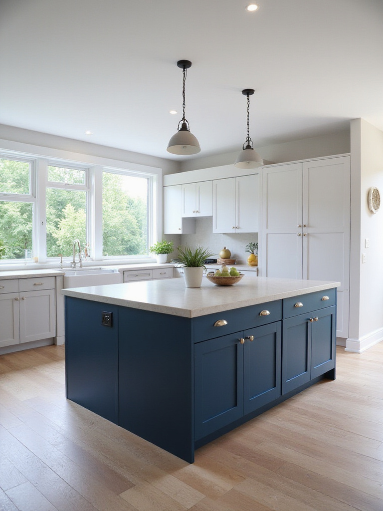 Modern kitchen with bold navy blue island, white cabinets, light countertop, pendant lights. Focal point design.
