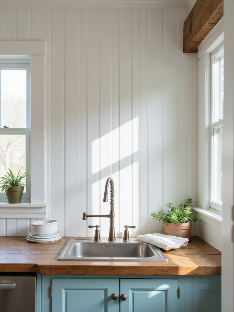 White beadboard paneling adds texture to a cozy cottage kitchen wall behind a rustic sink area.