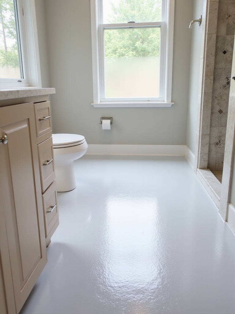 A professional photo of a bathroom with seamless epoxy flooring, showcasing its glossy finish and modern design.