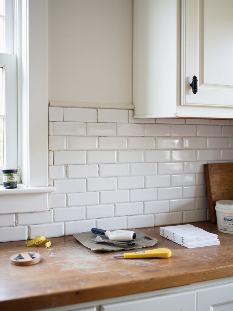 DIY farmhouse kitchen backsplash installation with white subway tiles, tools, and adhesive on a rustic counter.