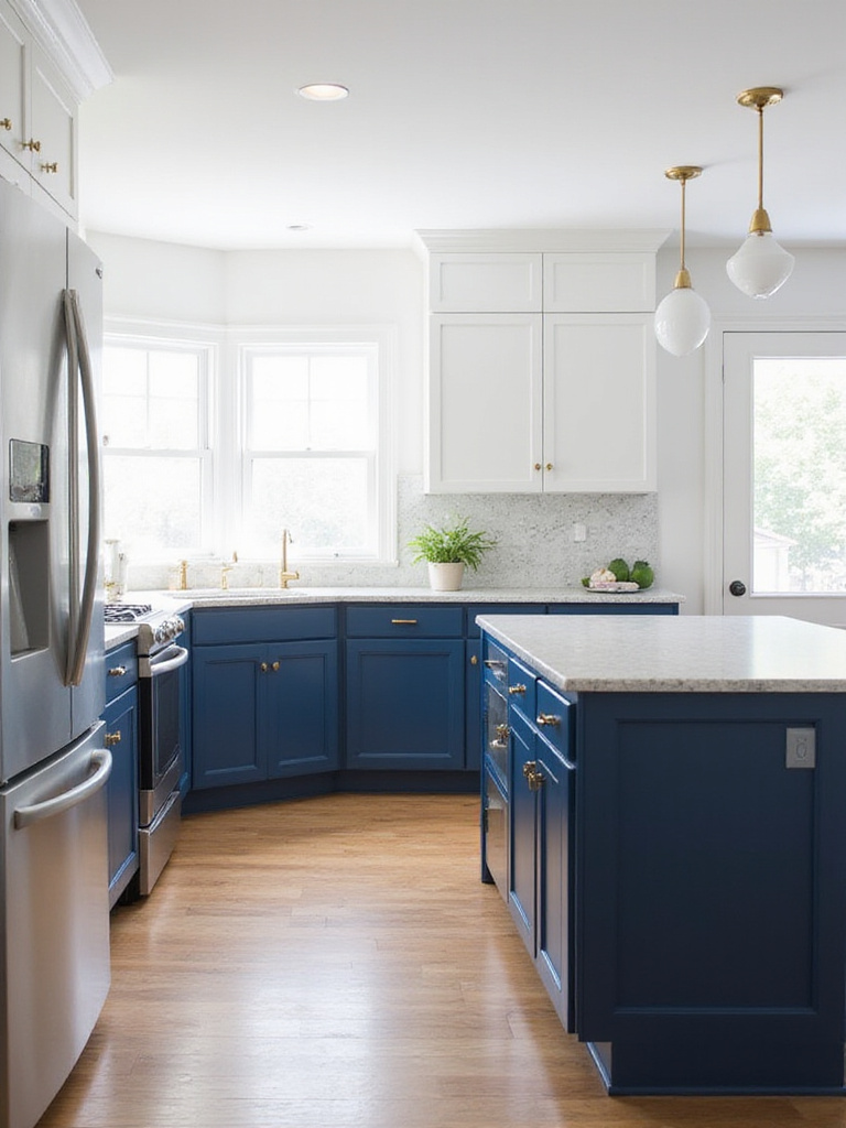Modern kitchen design with balanced navy blue and white cabinets, light countertops, wood floor, and brass hardware.
