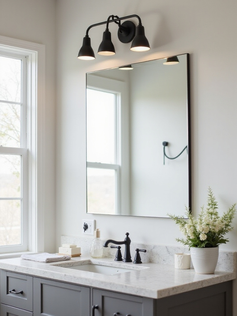 Modern bathroom vanity with matte black lighting fixture and chrome faucets