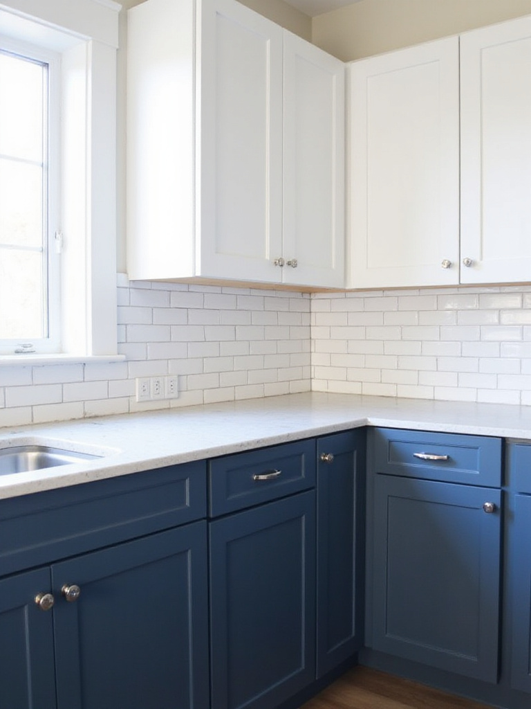 White subway tile backsplash complements matte navy blue kitchen cabinets and light quartz countertop.