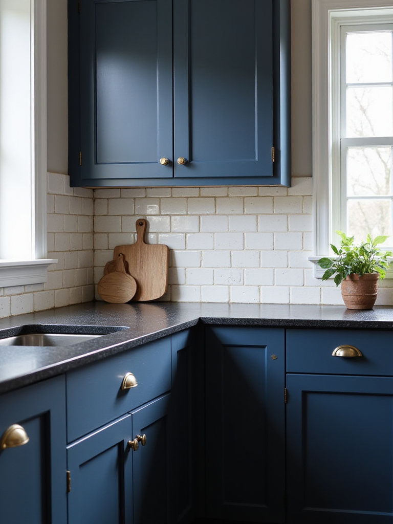 Deep navy farmhouse cabinets with white zellige tile backsplash in a naturally lit kitchen.