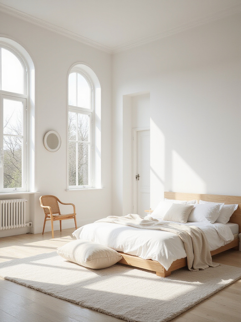 Bright and airy bedroom with white walls reflecting natural light.