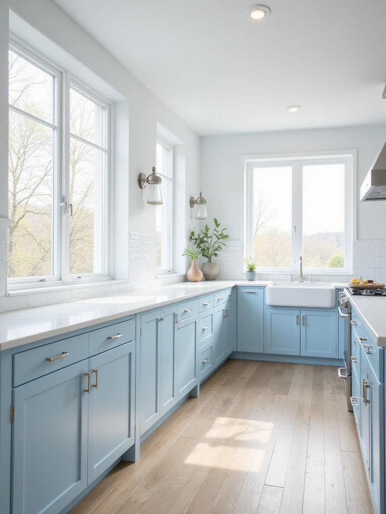 Bright, airy kitchen with light blue shaker cabinets, white countertops, and natural light.
