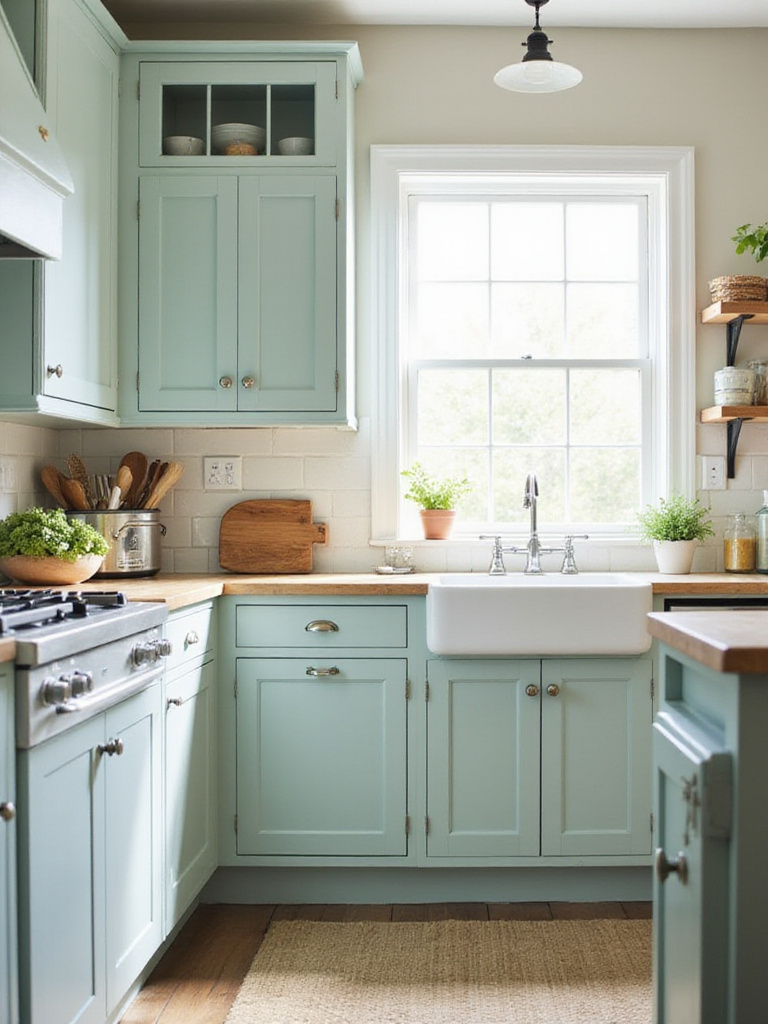 Cottage kitchen with soft pastel cabinets, natural light, cozy atmosphere.