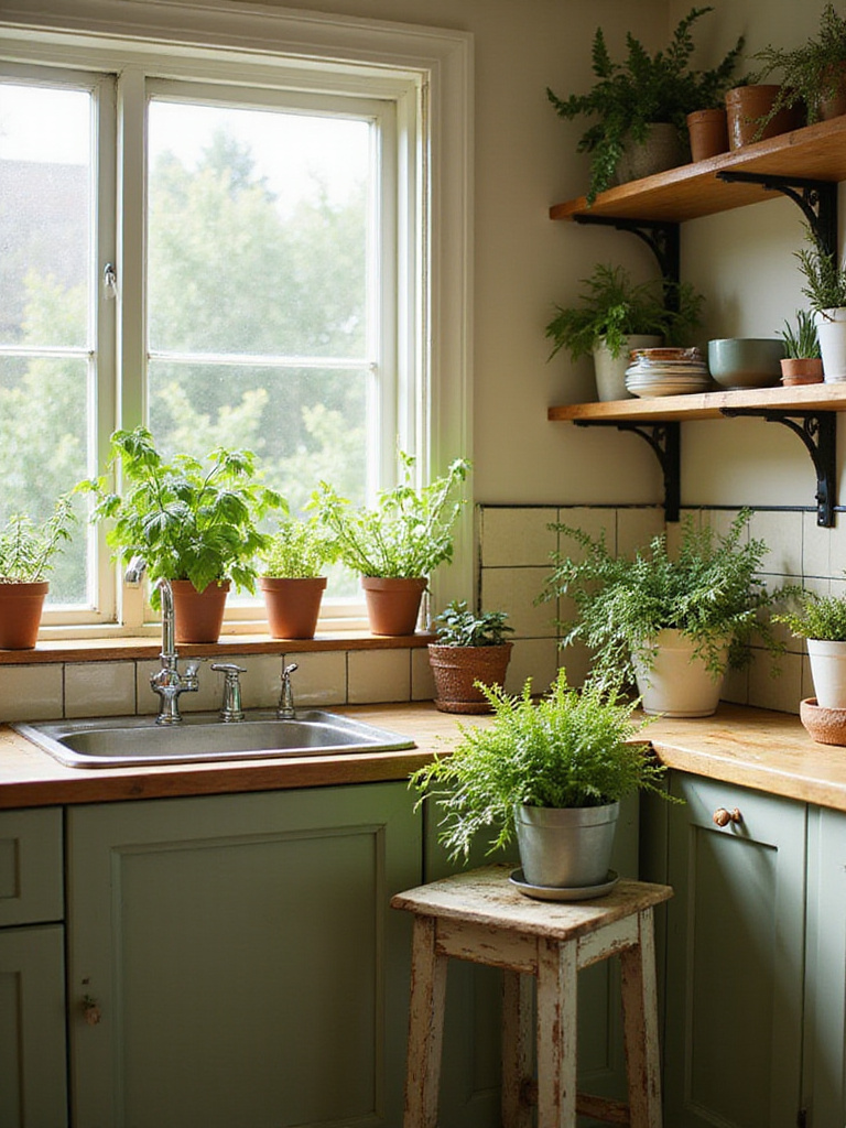 Potted herbs and plants on a windowsill and shelves in a cozy cottage kitchen with natural light.