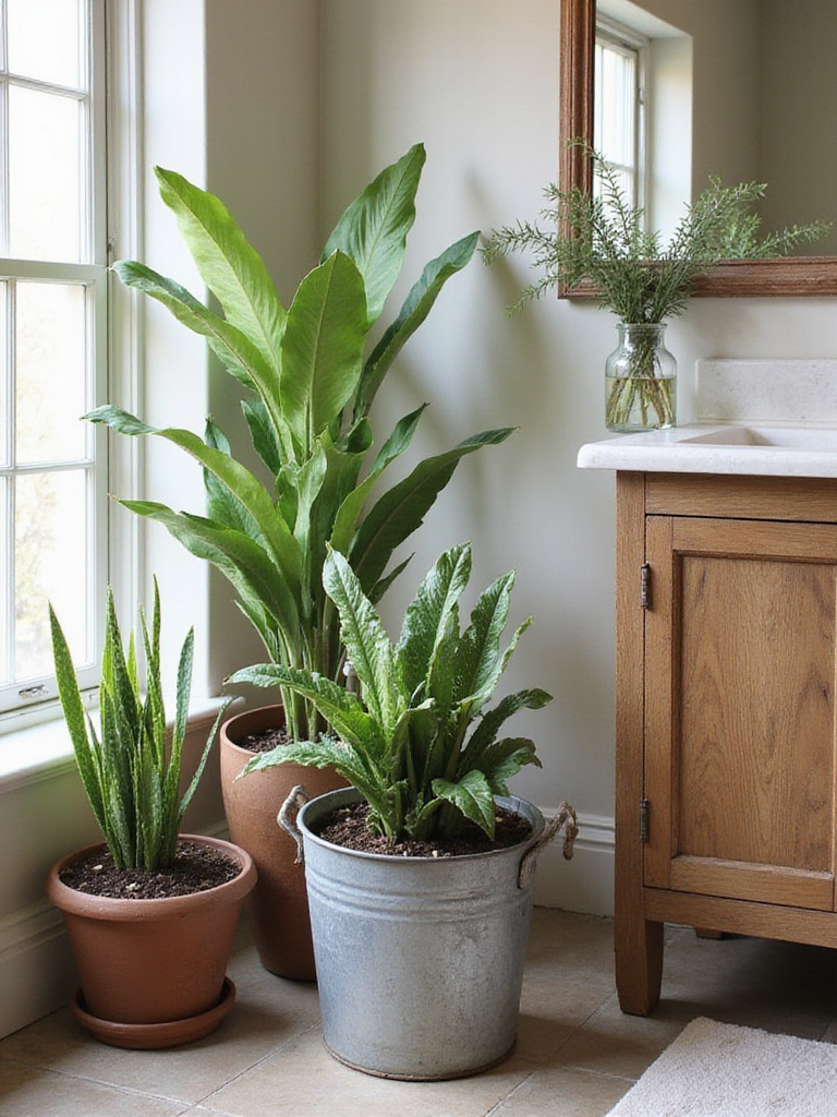 Cozy farmhouse bathroom with potted greenery and faux plants