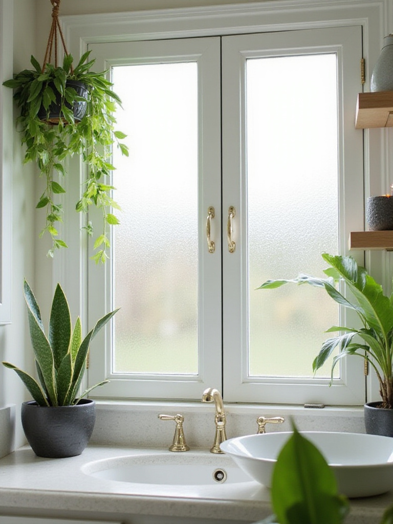 A bright guest bathroom showcasing low-maintenance plants like Snake Plant and Pothos, creating a fresh and inviting atmosphere.
