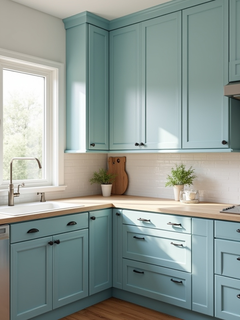 Budget-friendly kitchen cabinets painted blue with new hardware, showing a cost-effective update.