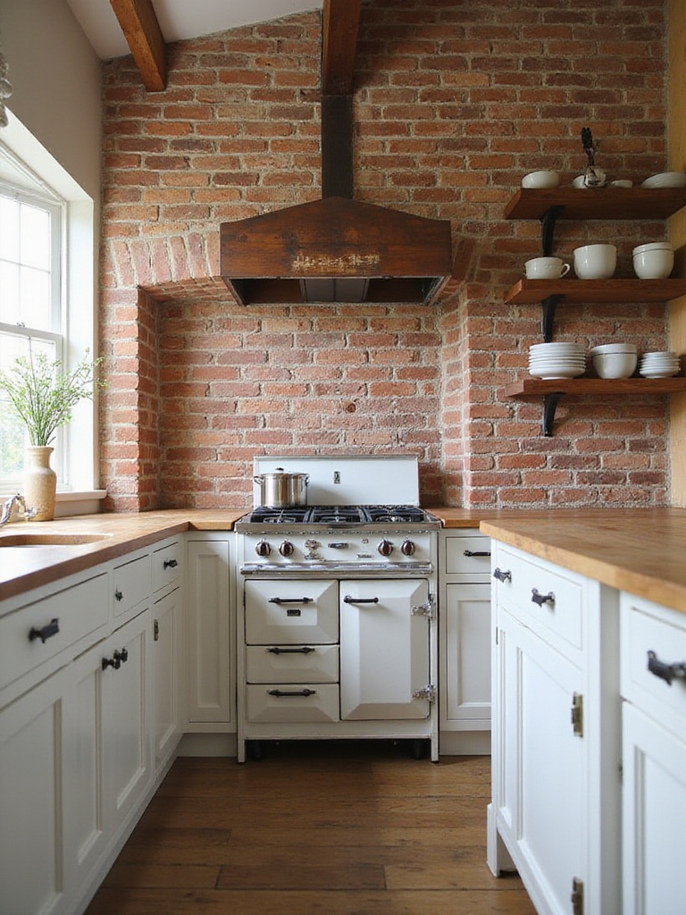 Farmhouse kitchen with rustic brick backsplash behind range, white cabinets, butcher block counter.