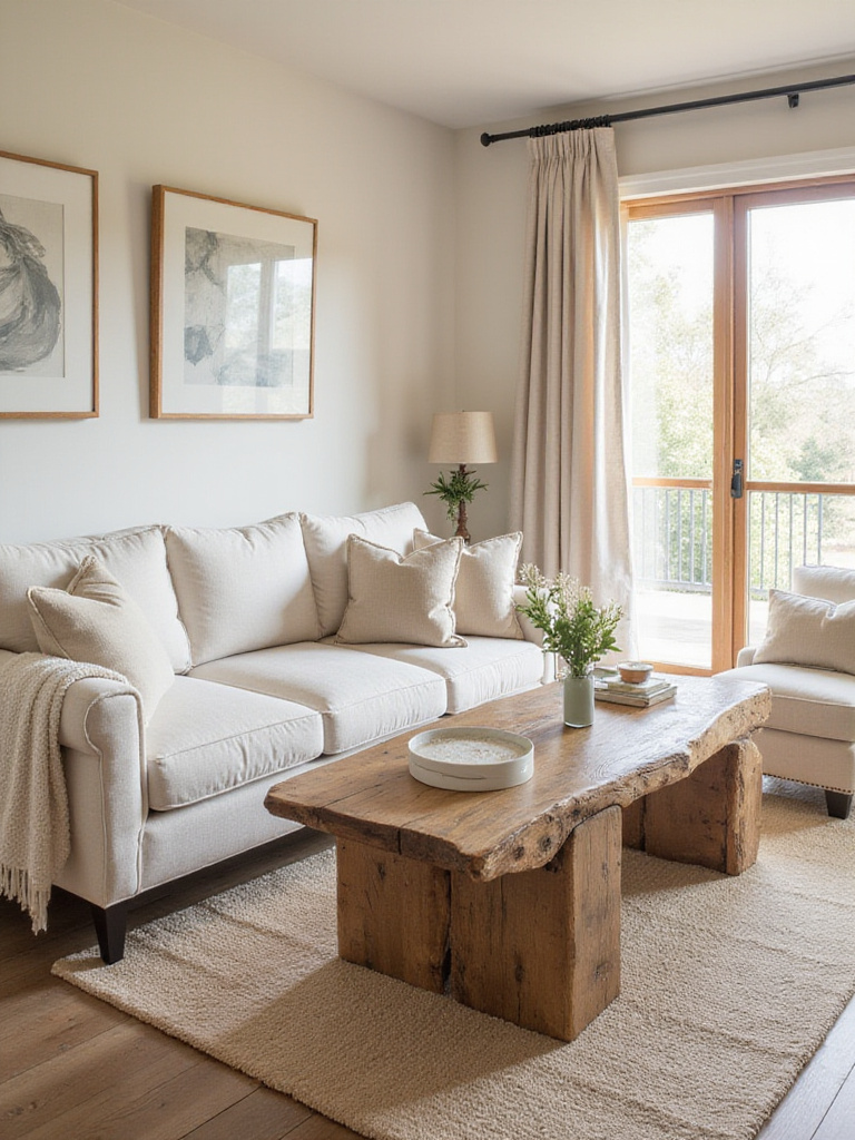 Cream living room featuring warm wood tones with reclaimed barnwood coffee table and soft textiles.