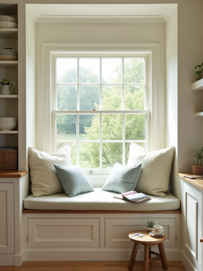 Cozy cottage kitchen window seat with cushions, creating a charming reading nook with natural light.