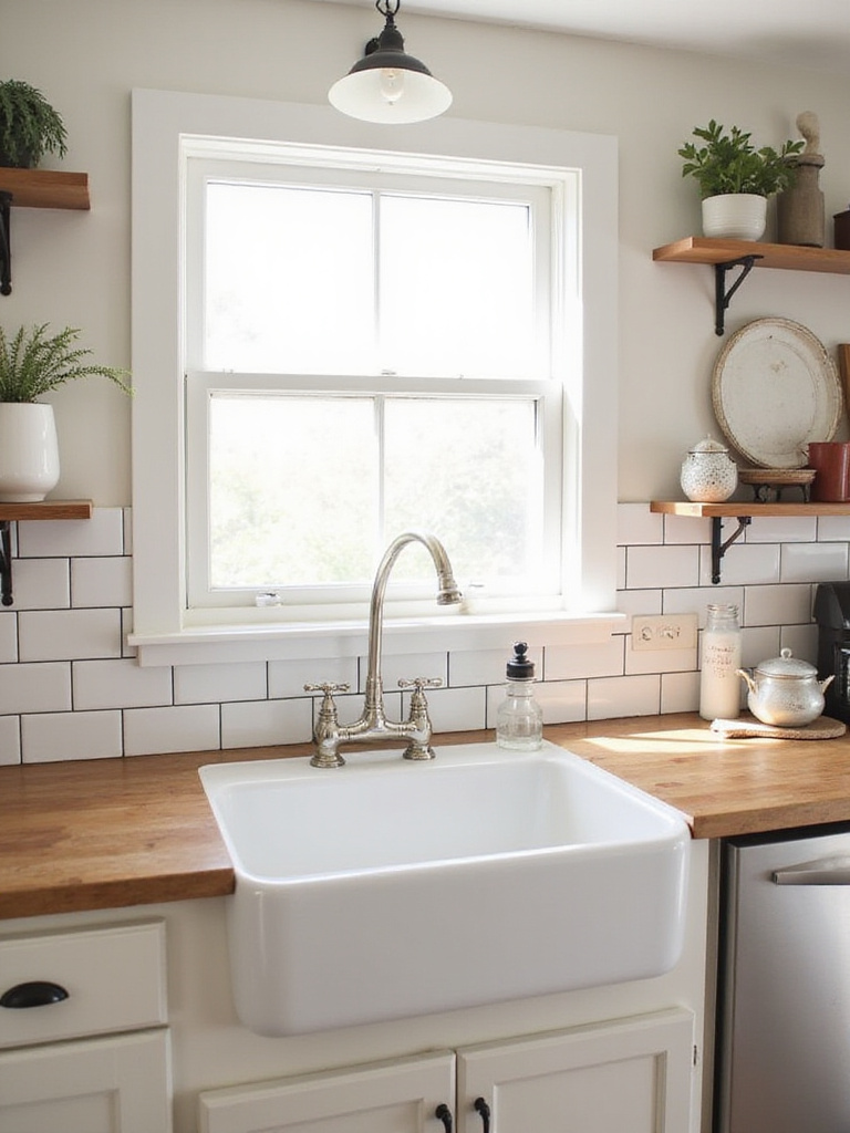 Farmhouse kitchen with white subway tile backsplash, wood counters, and natural light.