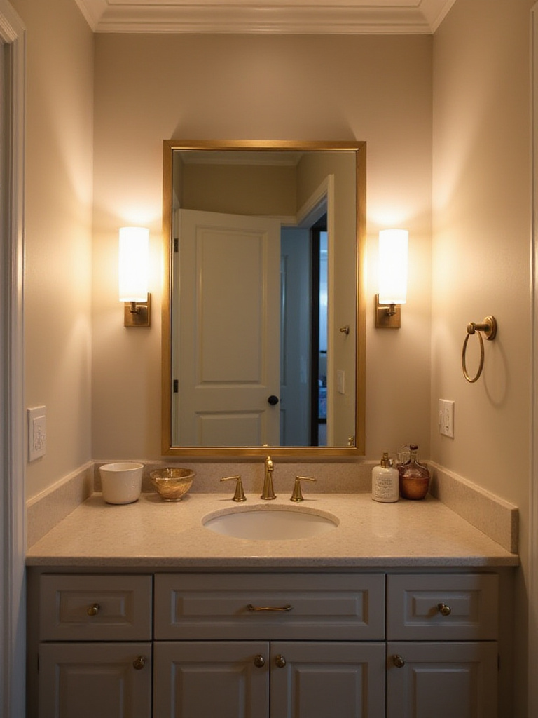 Brightly lit bathroom vanity with mirror and sconces