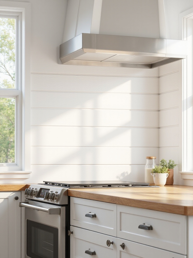 White horizontal shiplap backsplash in a bright farmhouse kitchen with a stainless steel range.