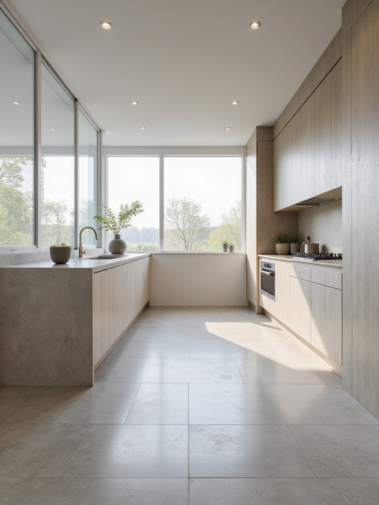 Contemporary kitchen featuring large format tiles on floor and walls