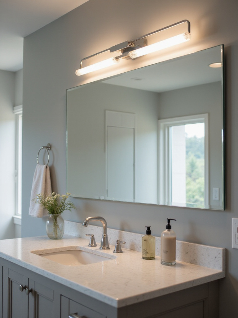 Modern bathroom vanity with bar light above a mirror, showcasing stylish lighting design.