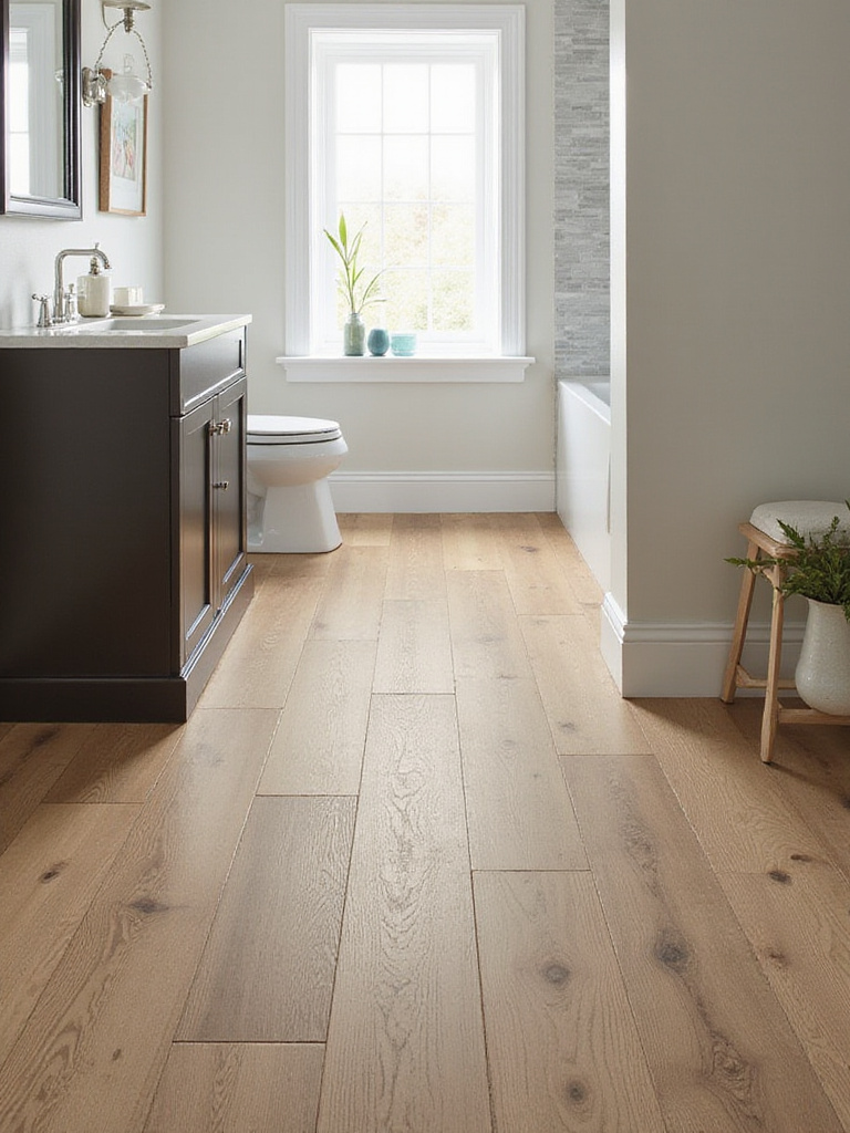 A stylish bathroom featuring luxury vinyl plank flooring that looks like wood, showcasing its waterproof capabilities.