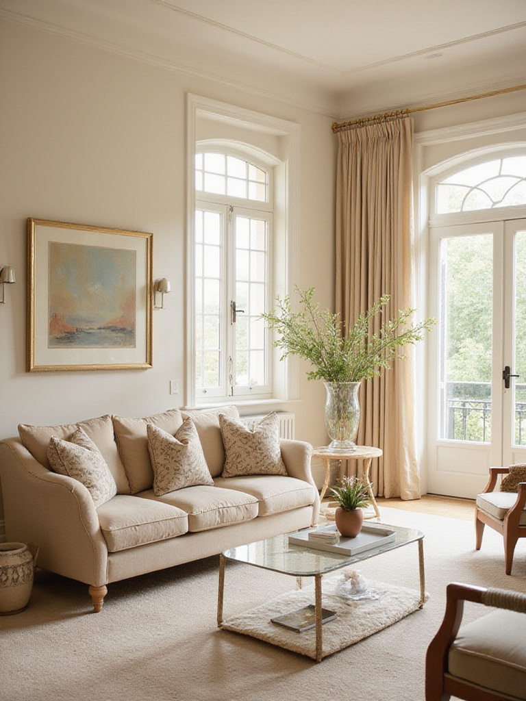 A stylish living room showcasing a calming cream wall shade with elegant decor.