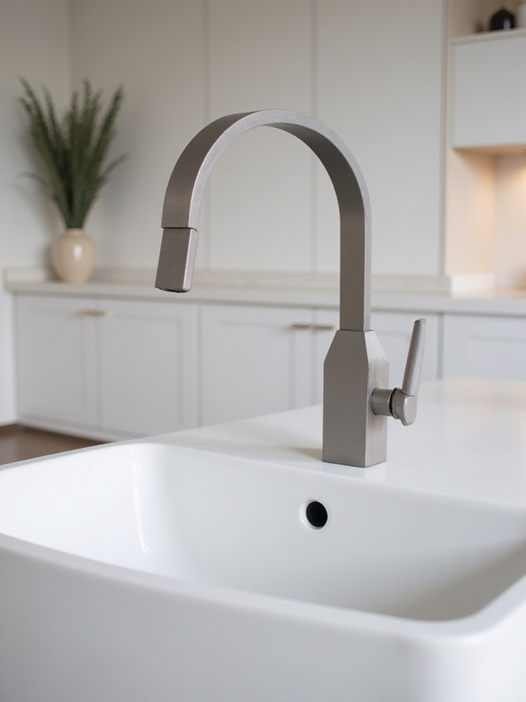 A minimalist, sculptural faucet design in a modern kitchen setting, highlighting its clean lines and contemporary aesthetic.