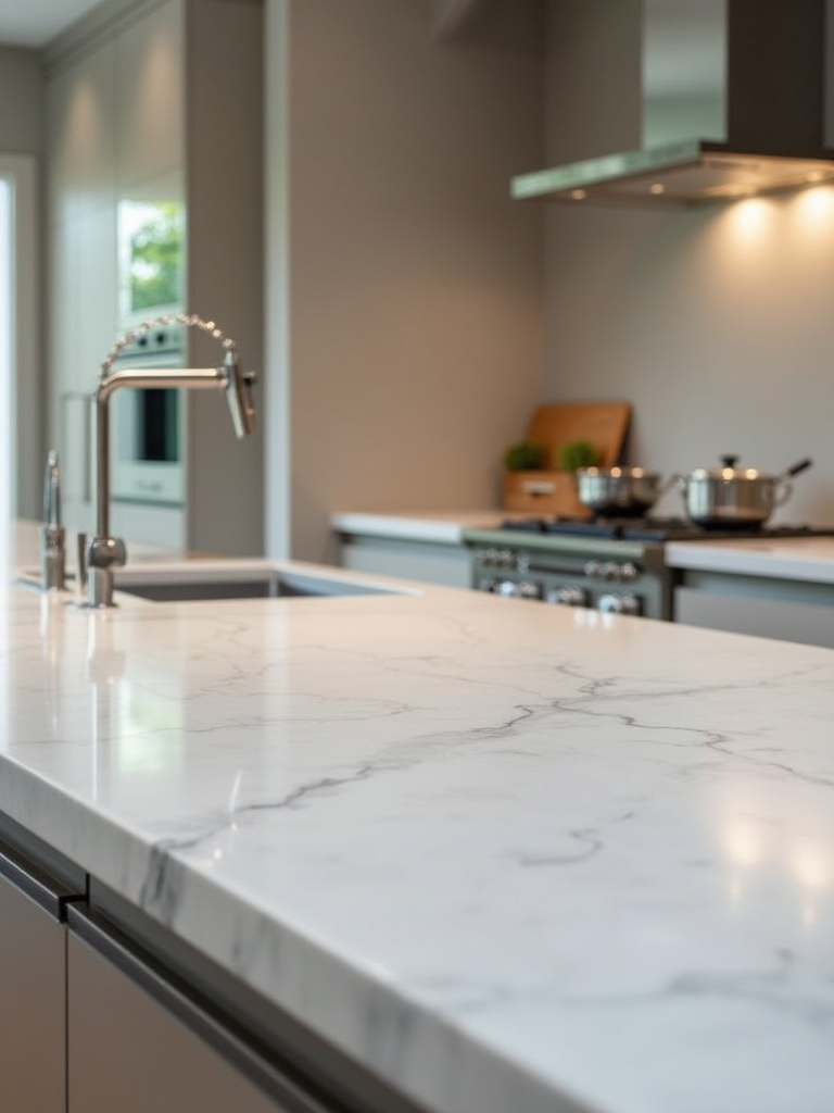 Chic contemporary kitchen featuring seamless quartz countertops and integrated sink.