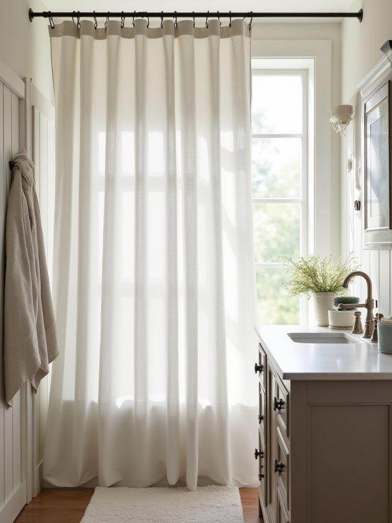 Farmhouse bathroom with a neutral fabric shower curtain
