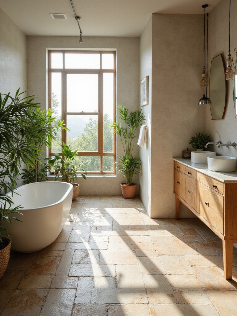 Eco-friendly bathroom flooring featuring bamboo and recycled tiles in a modern bathroom design.