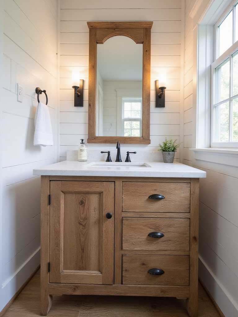 Rustic wood vanity in a farmhouse bathroom with white quartz countertop and shiplap walls.