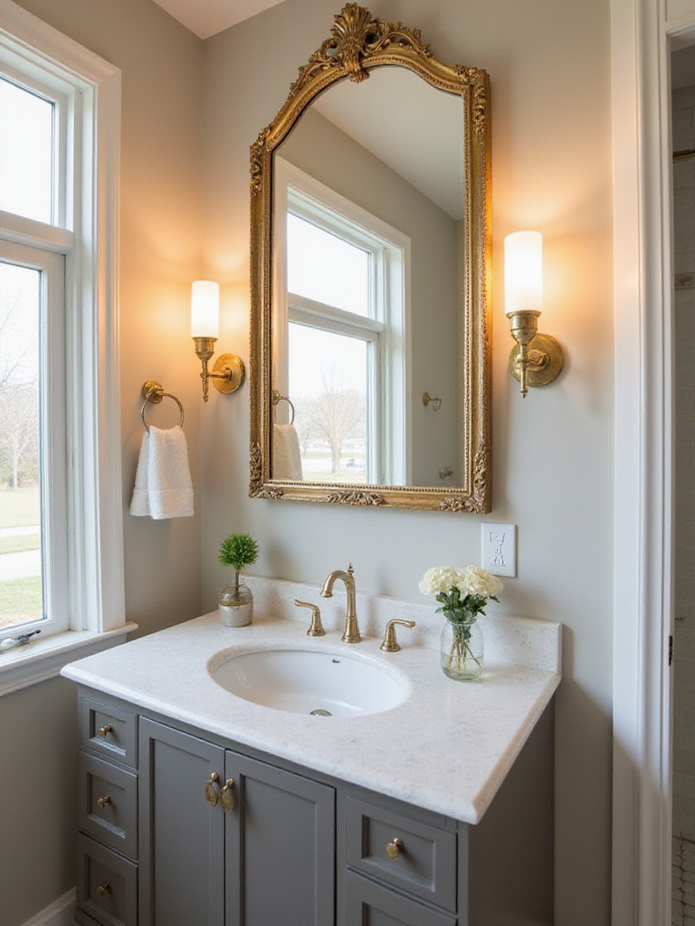 Stylish mirror in a bright guest bathroom reflecting light from a window and sconces.