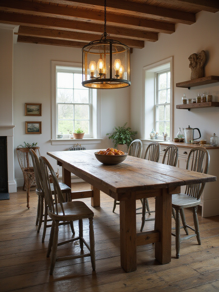 Farmhouse kitchen table with rustic pendant light casting a warm glow, creating a cozy dining space.