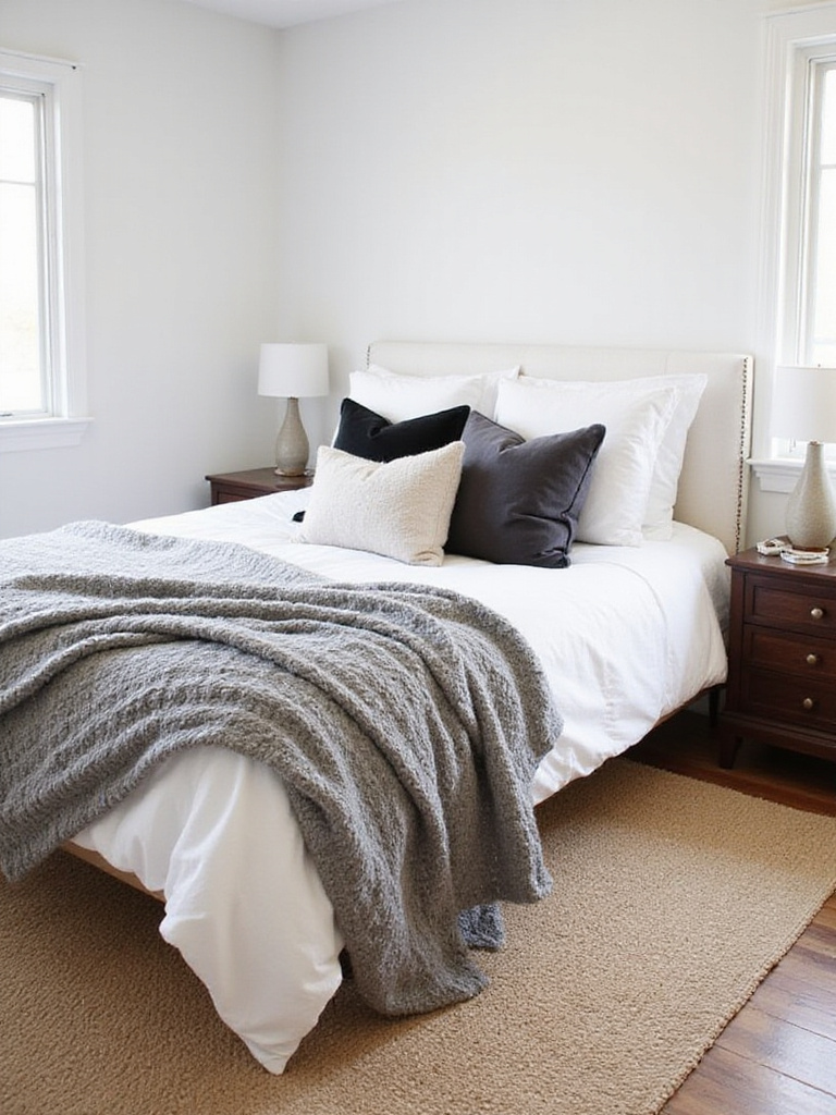 Cozy white bedroom with layered textures including jute rug, linen sheets, and velvet pillows.