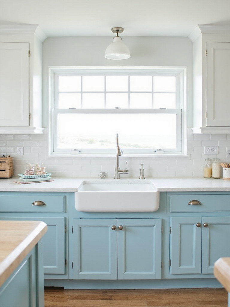 Bright coastal kitchen with aqua blue cabinets, white countertops, light wood island, and natural light.