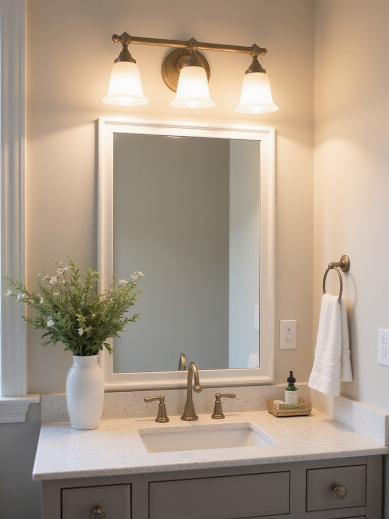 Bathroom vanity with mirror and lighting fixture placement showcasing electrical box behind wall