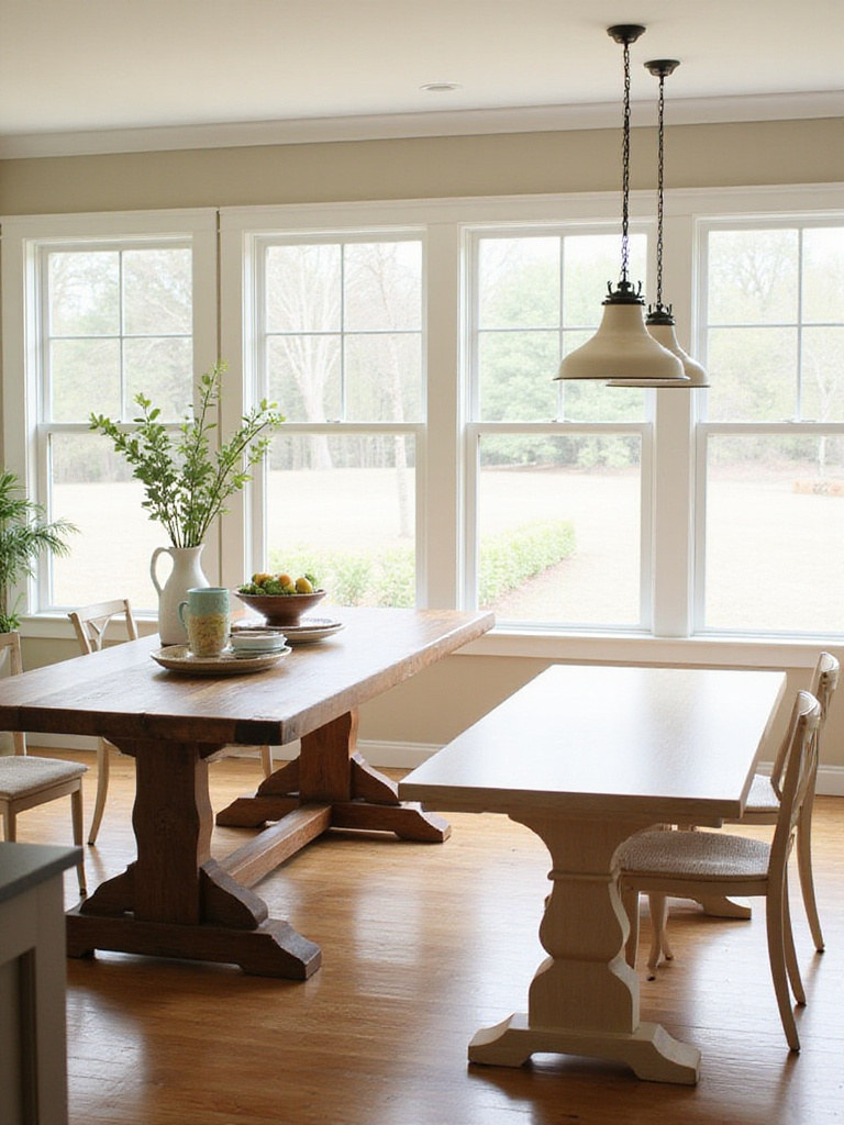 Comparison of farmhouse kitchen tables showing trestle and pedestal bases in a bright dining area.