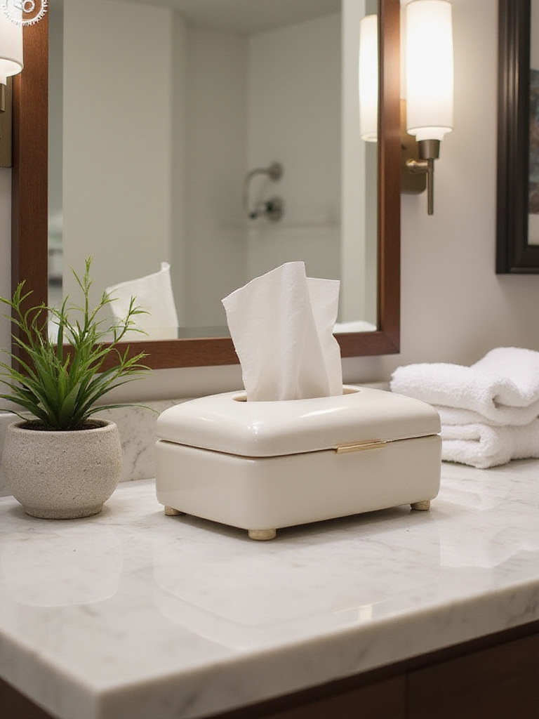 Stylish tissue box cover enhancing guest bathroom decor