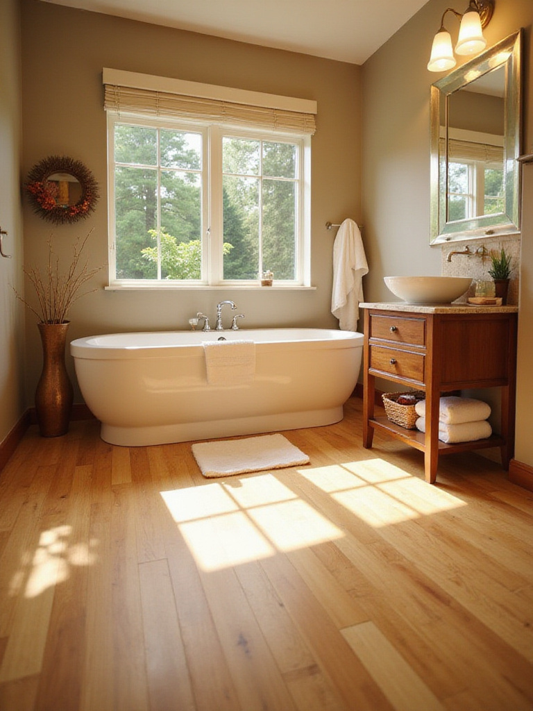Beautiful bathroom showcasing bamboo flooring with moisture-resistant features.