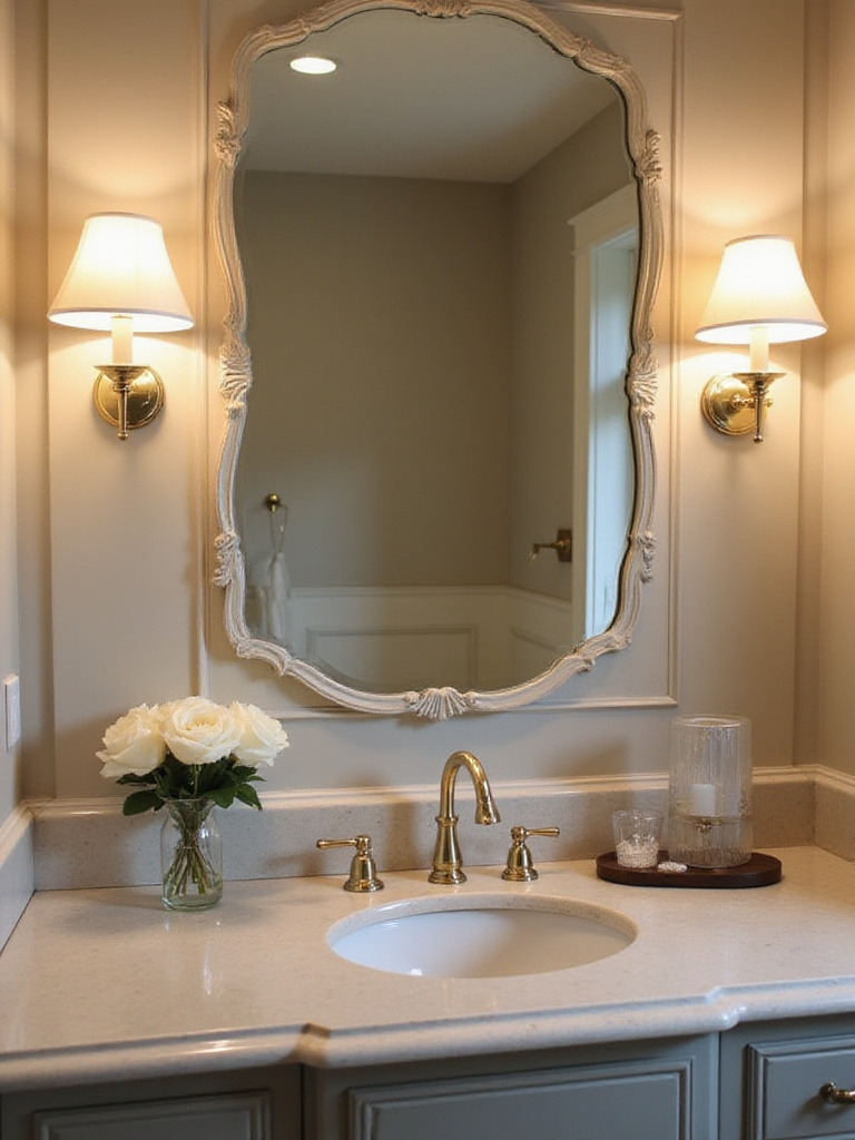 Luxurious bathroom vanity with side-mounted sconces providing even lighting over a large mirror.