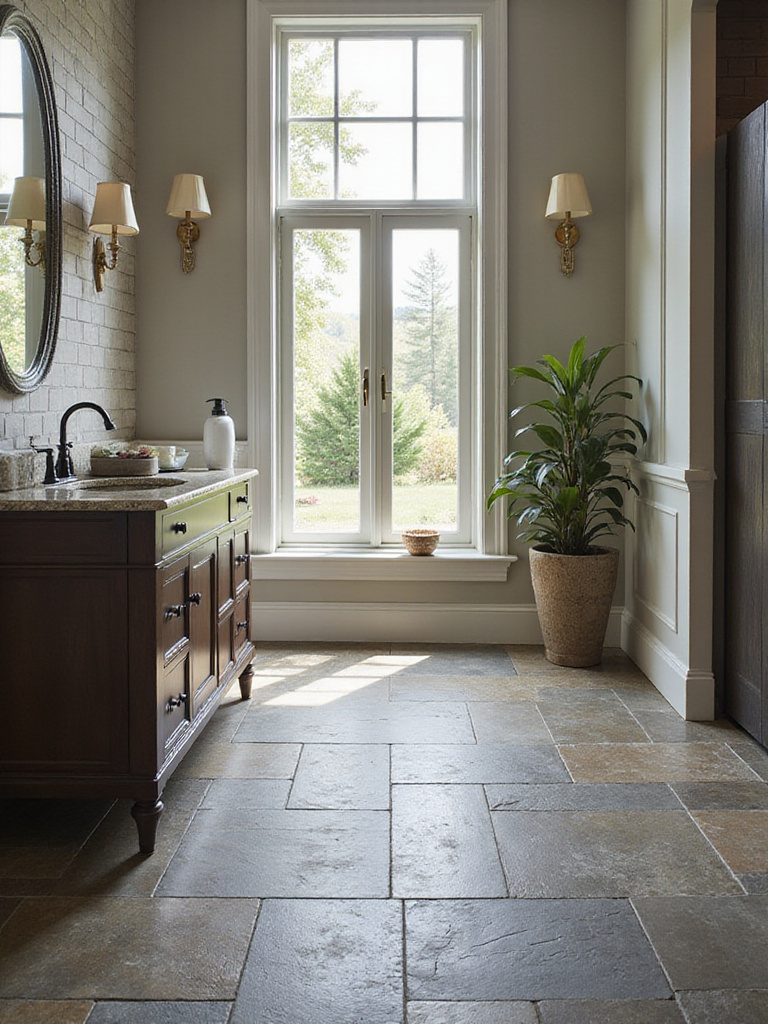 Luxurious bathroom featuring textured slate tile flooring